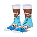 Crew socks featuring Bob Ross painting.  Teal, brown, and white colors.  Shows Bob holding a paintbrush and palette.
