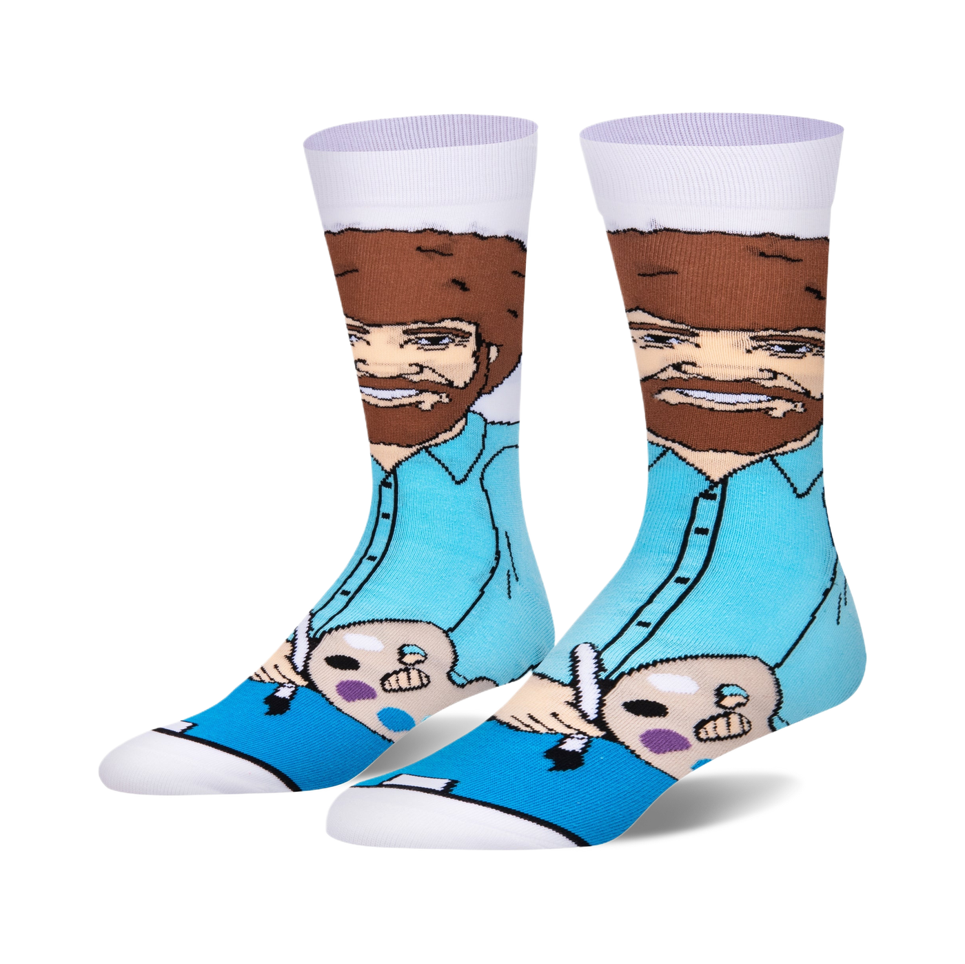 Crew socks featuring Bob Ross painting.  Teal, brown, and white colors.  Shows Bob holding a paintbrush and palette.