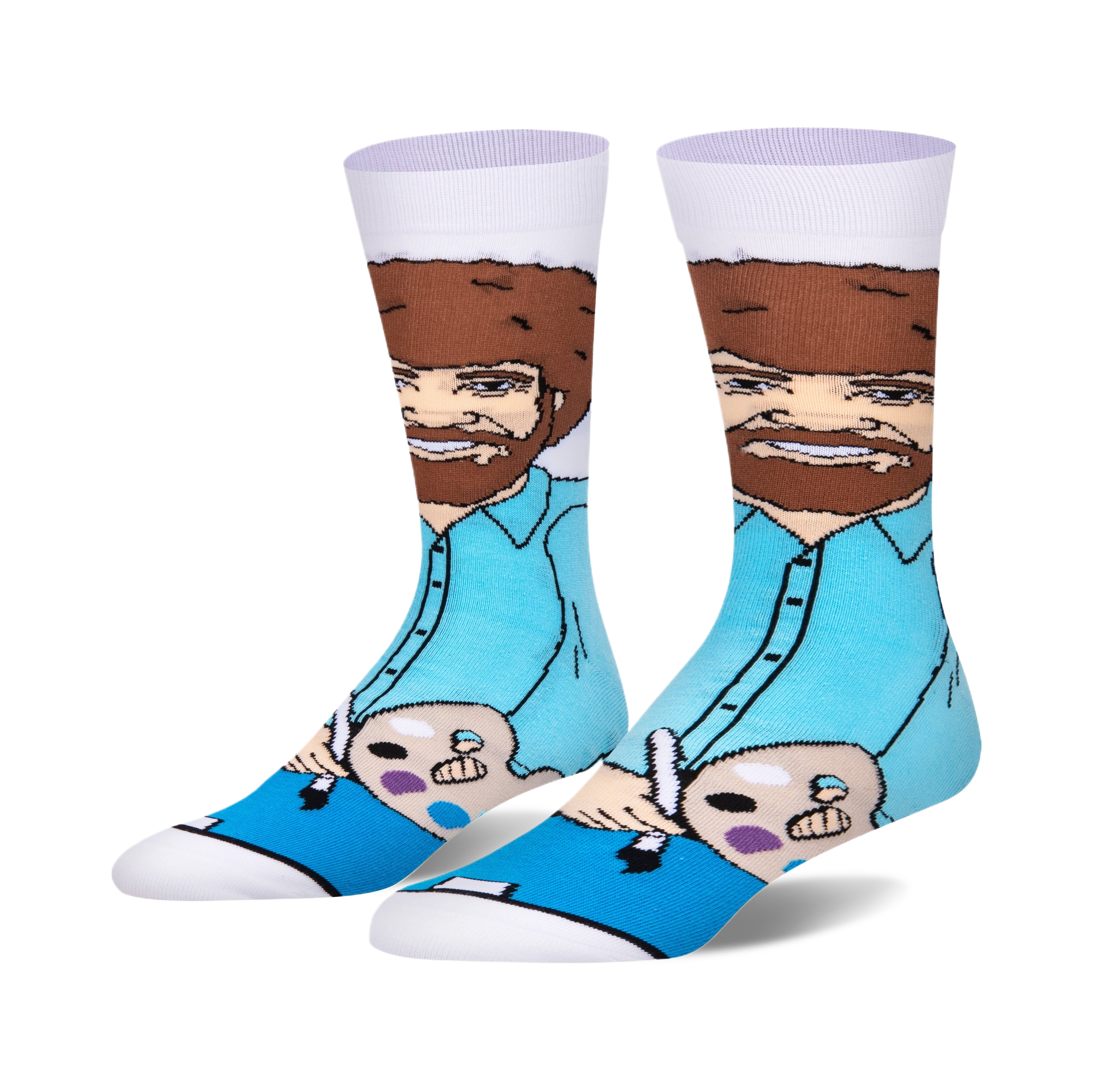 Crew socks featuring Bob Ross painting.  Teal, brown, and white colors.  Shows Bob holding a paintbrush and palette.