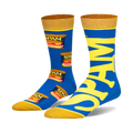 Crew socks in blue and yellow. One sock features repeated Spam can images, the other spells out 'Spam' in large yellow letters.