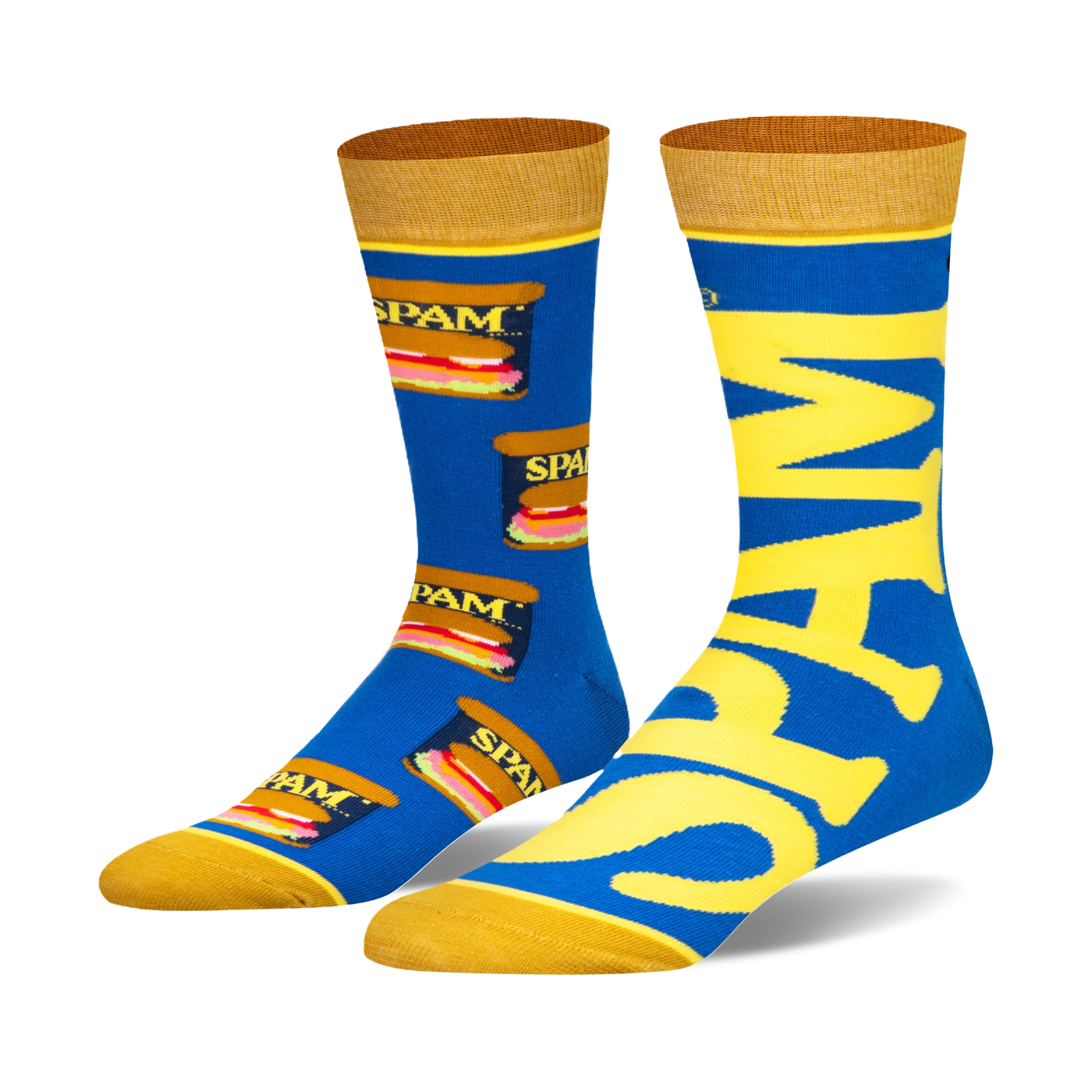 Crew socks in blue and yellow. One sock features repeated Spam can images, the other spells out 'Spam' in large yellow letters.