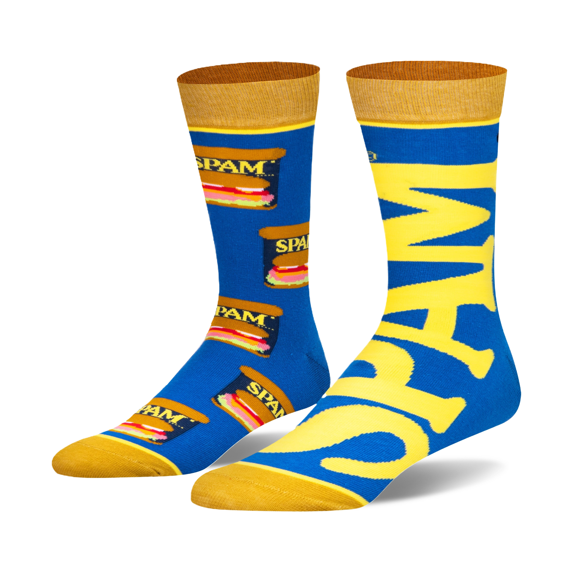 Crew socks in blue and yellow. One sock features repeated Spam can images, the other spells out 'Spam' in large yellow letters.