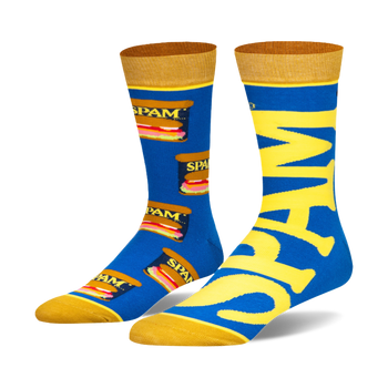Crew socks in blue and yellow. One sock features repeated Spam can images, the other spells out 'Spam' in large yellow letters.