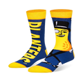 Blue crew socks with yellow cuffs and toes. One sock features a large Mr. Peanut graphic, the other has yellow PLANTERS text.