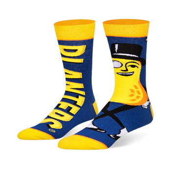 Blue crew socks with yellow cuffs and toes. One sock features a large Mr. Peanut graphic, the other has yellow PLANTERS text.