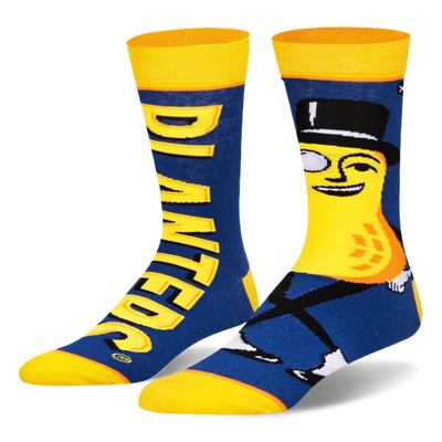 Blue crew socks with yellow cuffs and toes. One sock features a large Mr. Peanut graphic, the other has yellow PLANTERS text.
