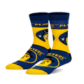 A pair of crew socks in yellow and navy blue. The design features Mr. Peanut, the Planters mascot, wearing a top hat and monocle.
