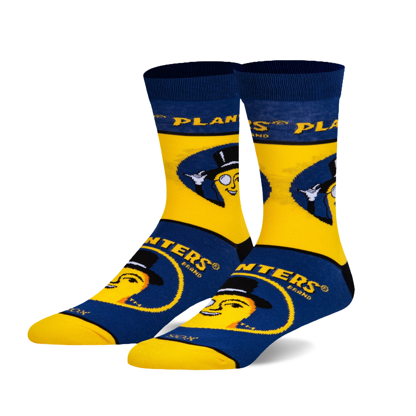 A pair of crew socks in yellow and navy blue. The design features Mr. Peanut, the Planters mascot, wearing a top hat and monocle.