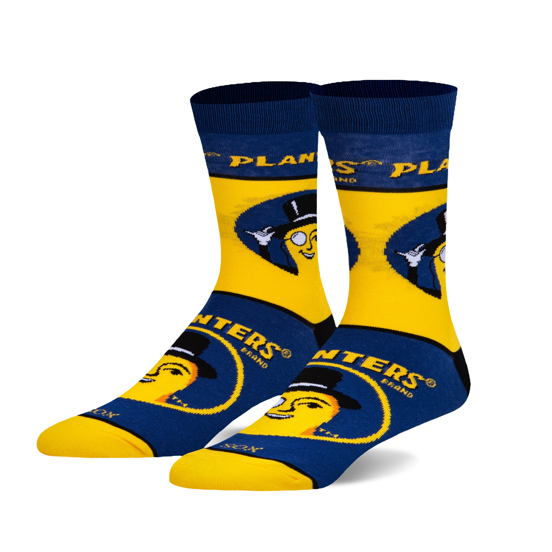 A pair of crew socks in yellow and navy blue. The design features Mr. Peanut, the Planters mascot, wearing a top hat and monocle.
