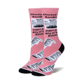 Pair of women's crew socks in pink with a white receipt design. The text reads 'Checked My Receipt' and 'Didn't Buy Any Bullshit'.