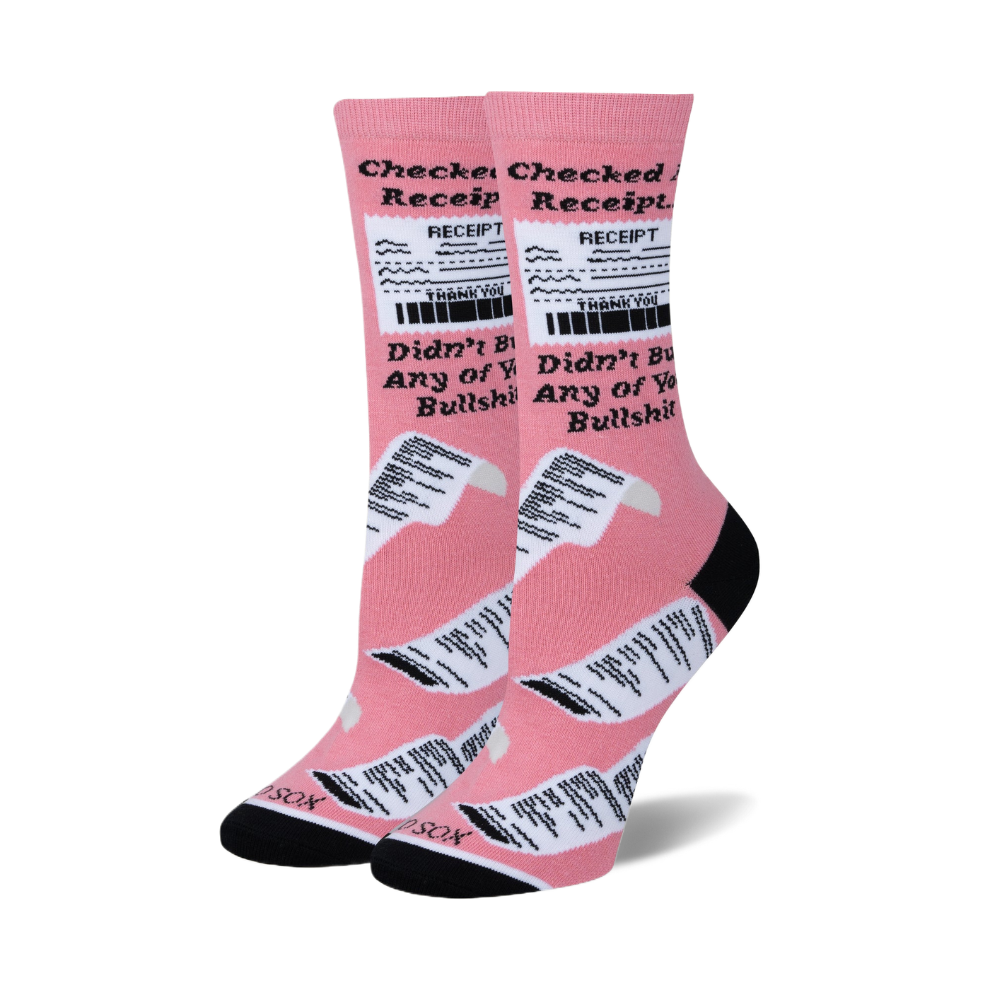 Pair of women's crew socks in pink with a white receipt design. The text reads 'Checked My Receipt' and 'Didn't Buy Any Bullshit'.