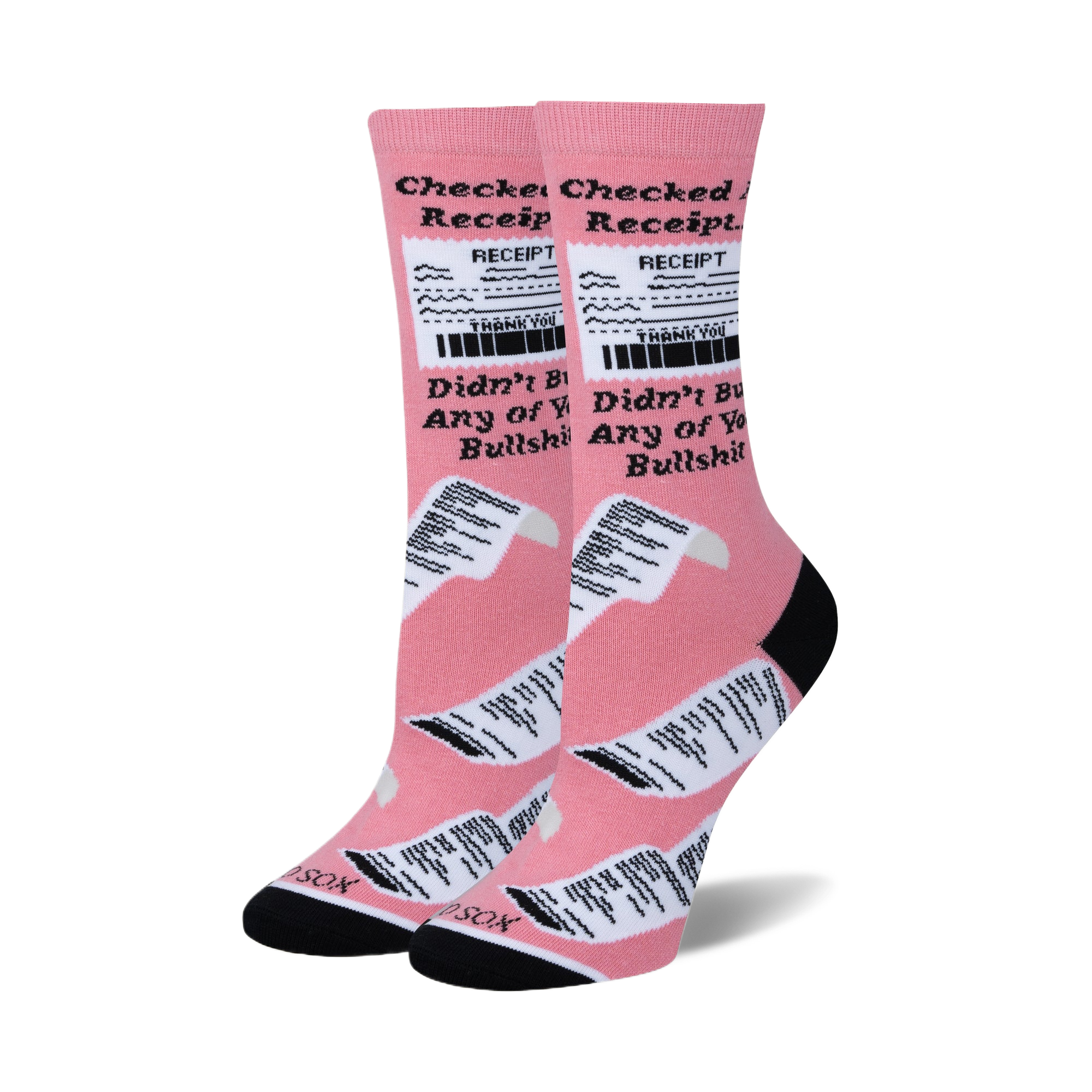 Pair of women's crew socks in pink with a white receipt design. The text reads 'Checked My Receipt' and 'Didn't Buy Any Bullshit'.