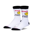 A pair of white crew socks with a black cuff.  The socks feature red text that says 'F*ck and have a nice day' and a yellow smiley face graphic.