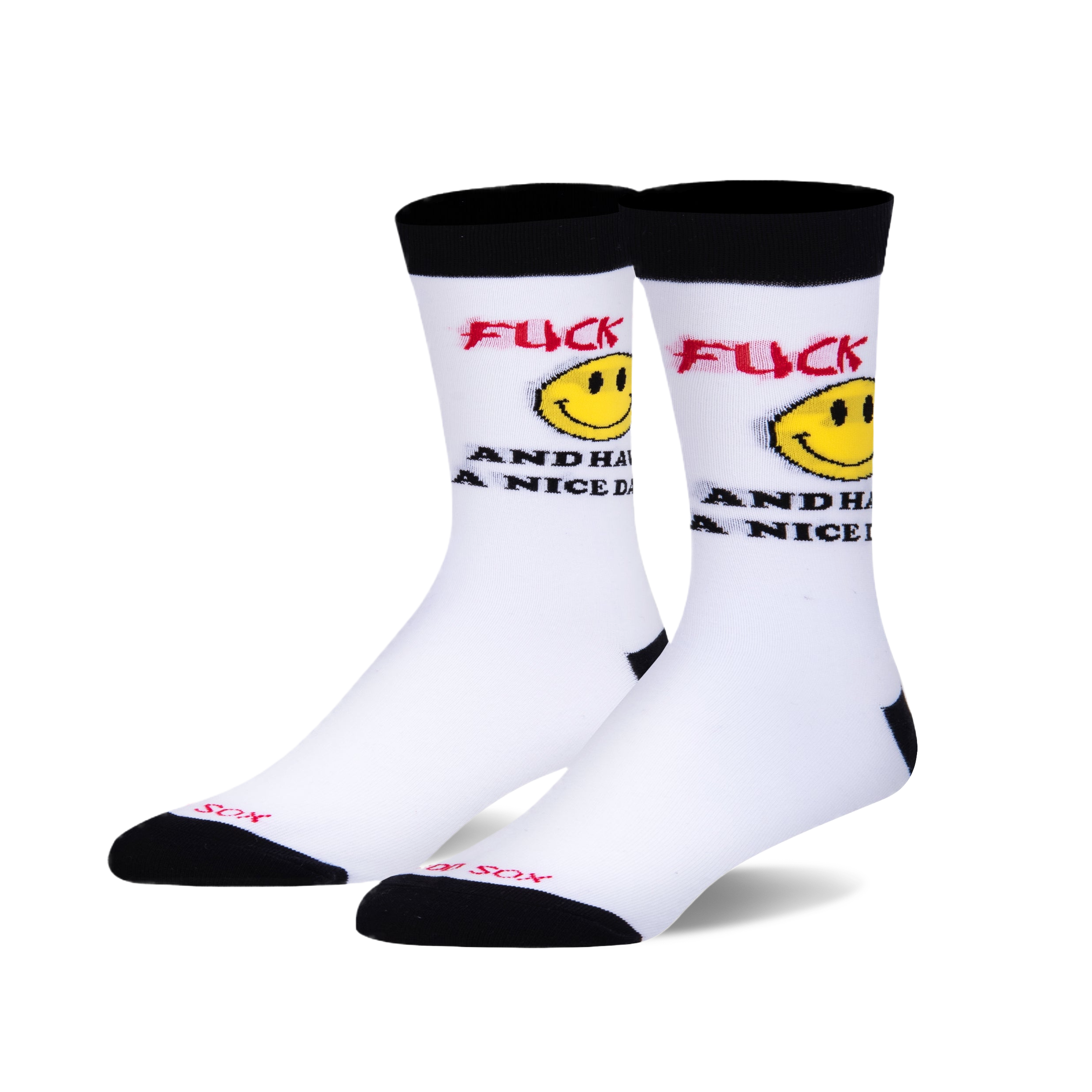 A pair of white crew socks with a black cuff.  The socks feature red text that says 'F*ck and have a nice day' and a yellow smiley face graphic.