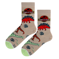 A pair of Jurassic Park dino socks laid flat, showcasing the design details and color scheme.