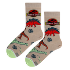 A pair of Jurassic Park dino socks laid flat, showcasing the design details and color scheme.