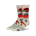 Tan crew socks with a Jurassic Park theme.  Features red and orange dinosaurs, tropical leaves, and the Jurassic Park logo.