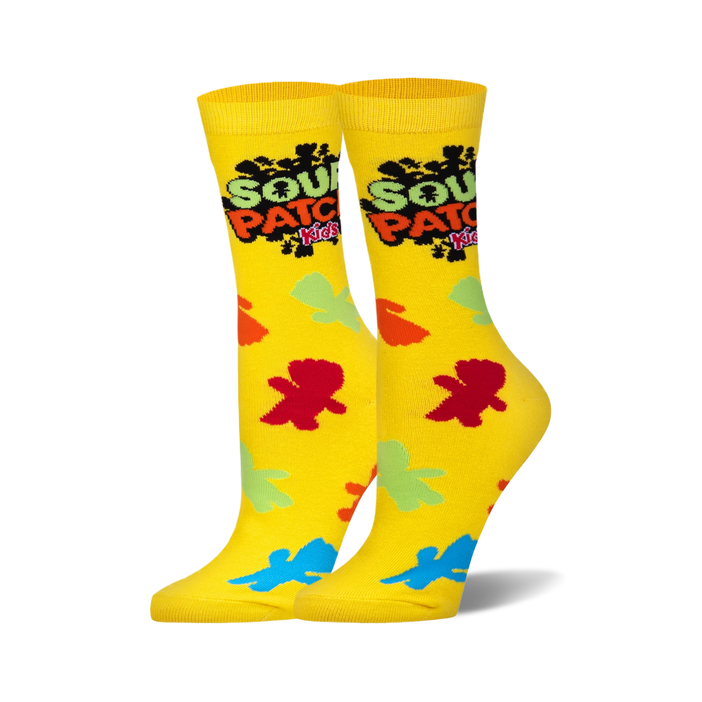 A pair of yellow crew socks. The socks are decorated with the Sour Patch Kids logo and colorful candy-shaped designs.