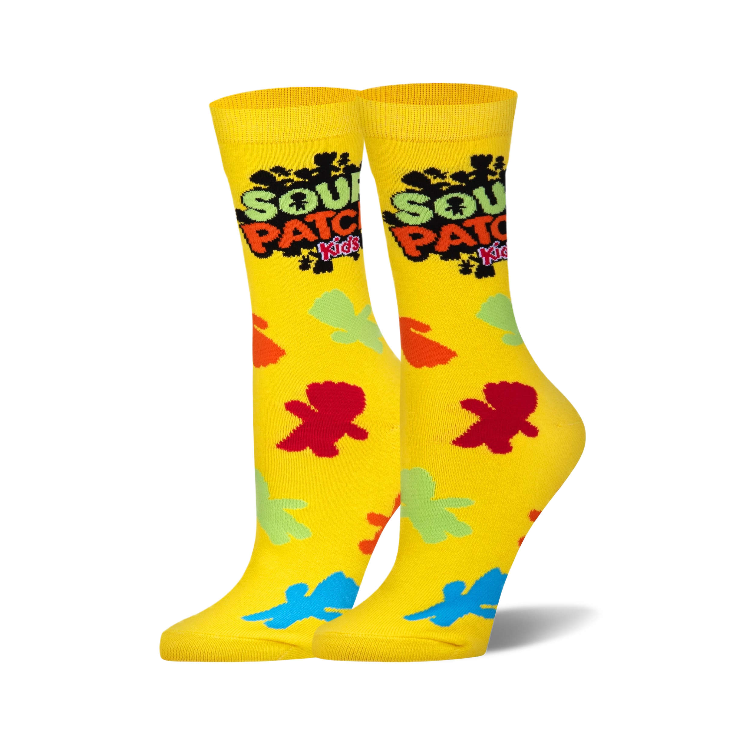 A pair of yellow crew socks. The socks are decorated with the Sour Patch Kids logo and colorful candy-shaped designs.