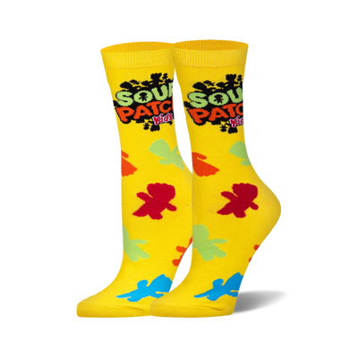 Pair of yellow crew socks with Sour Patch Kids candy shapes in red, green, orange, and blue, and the candy logo.