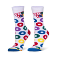 White crew socks featuring the Froot Loops logo at the top, scattered colorful cereal loops, a red heel, and a blue toe.