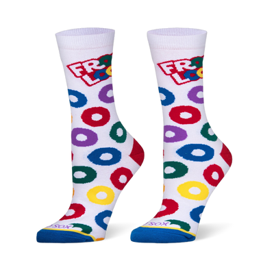 White crew socks featuring the Froot Loops logo at the top, scattered colorful cereal loops, a red heel, and a blue toe.