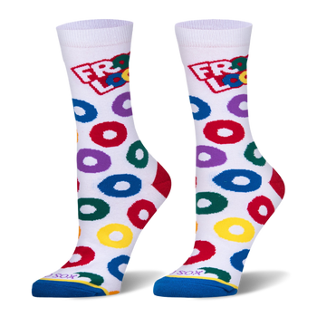 White crew socks featuring the Froot Loops logo at the top, scattered colorful cereal loops, a red heel, and a blue toe.