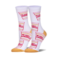 Pair of white crew socks with a repeating pattern of red and yellow Cup Noodles packaging.  A fun and quirky design.