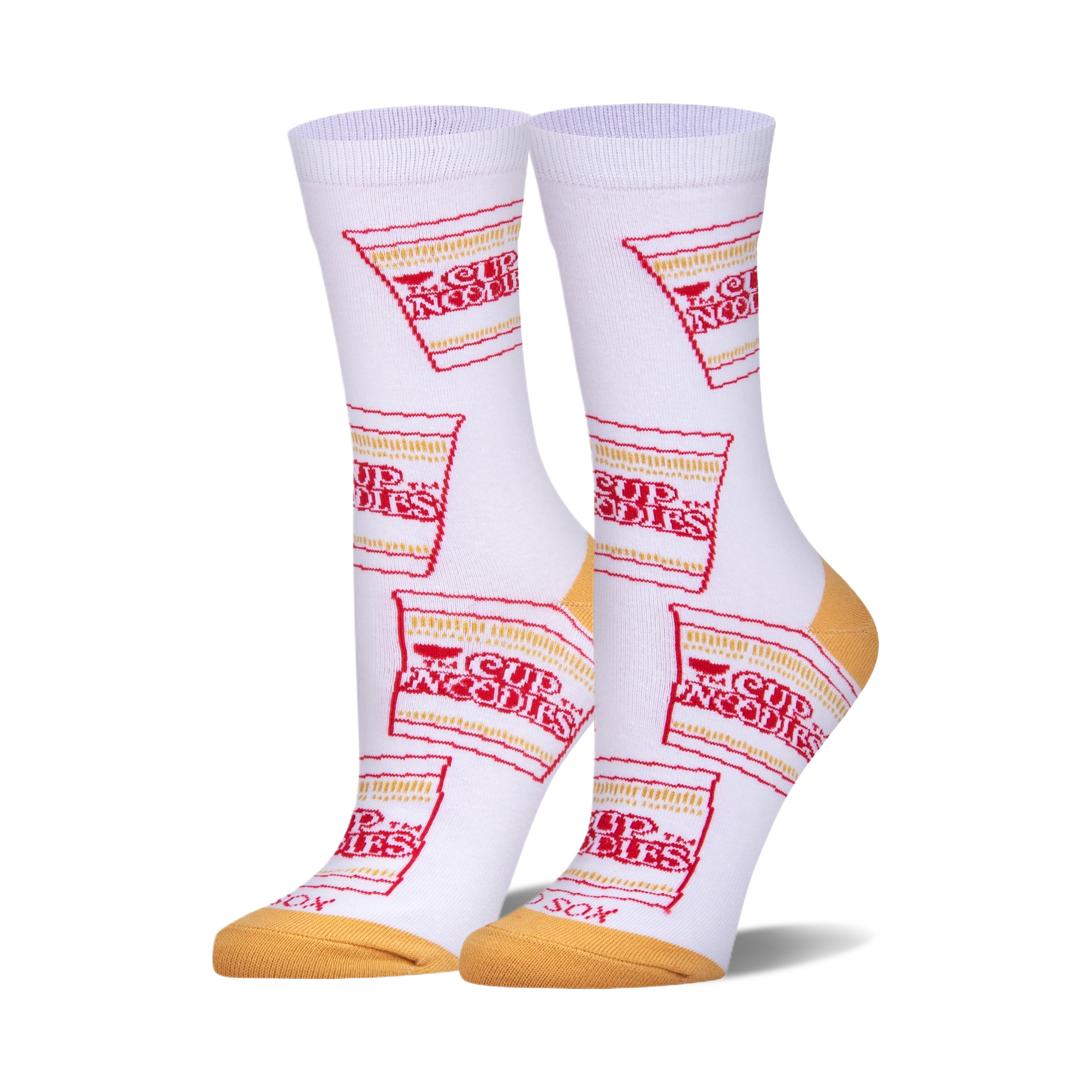 Pair of white crew socks with a repeating pattern of red and yellow Cup Noodles packaging.  A fun and quirky design.