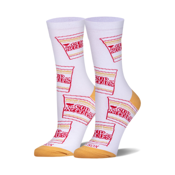 Pair of white crew socks with a repeating pattern of red and yellow Cup Noodles packaging.  A fun and quirky design.