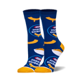Pair of women's crew socks. Blue background with yellow Kraft Mac & Cheese logos and macaroni graphics.