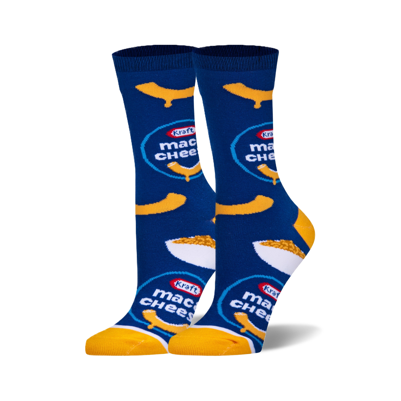 Pair of women's crew socks. Blue background with yellow Kraft Mac & Cheese logos and macaroni graphics.