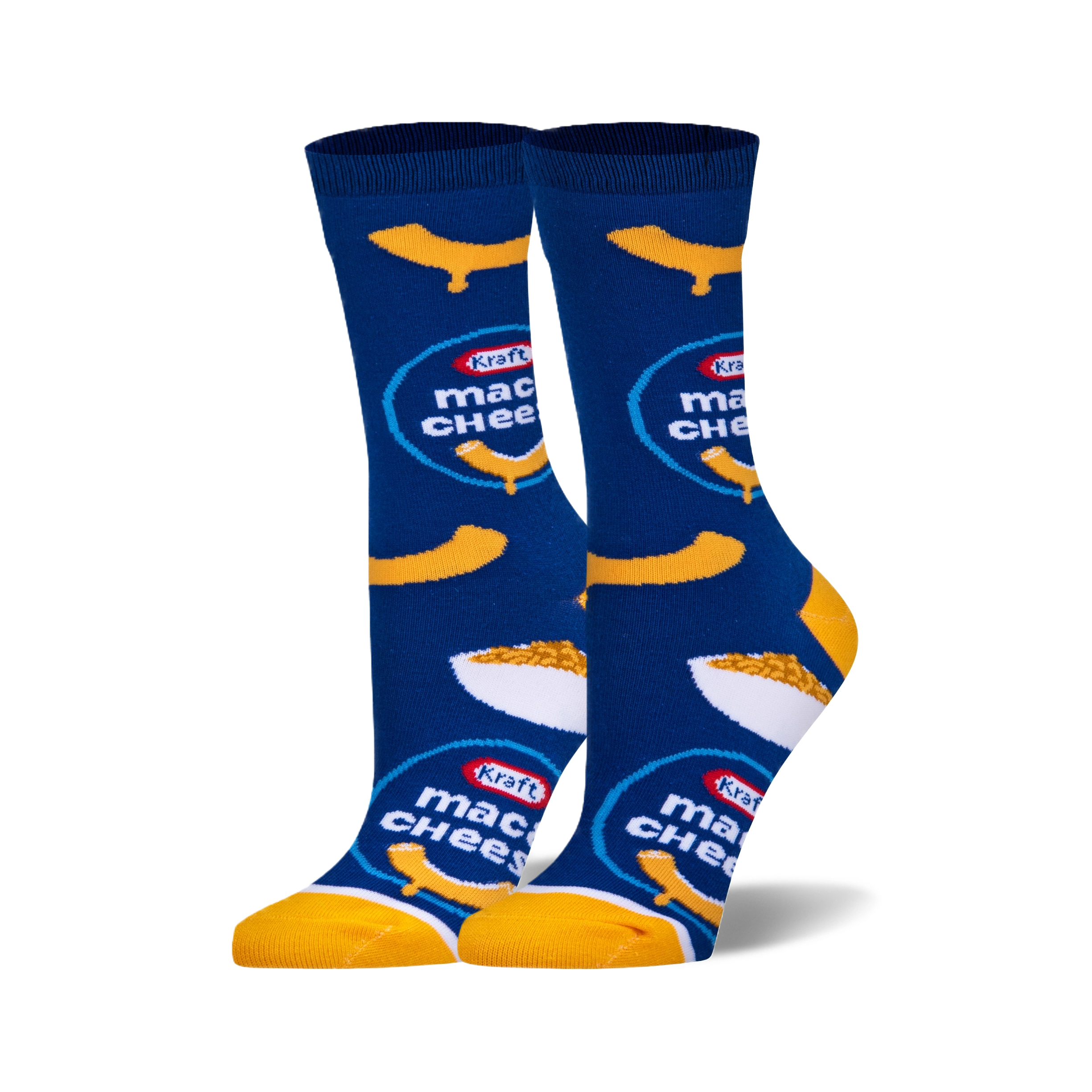 Pair of women's crew socks. Blue background with yellow Kraft Mac & Cheese logos and macaroni graphics.