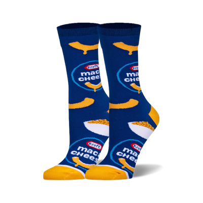 Pair of blue crew socks with yellow heels, toes, and cuffs, featuring Kraft Mac & Cheese bowls and logos.
