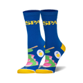 Pair of blue crew socks with yellow cuffs. Features a fun spa-themed design with images of cakes, eggs, and chopsticks, and the word 'Spa' repeated.