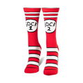 Red and white striped crew socks, one with 'SOCK 1' and the other with 'SOCK 2' in white circles.
