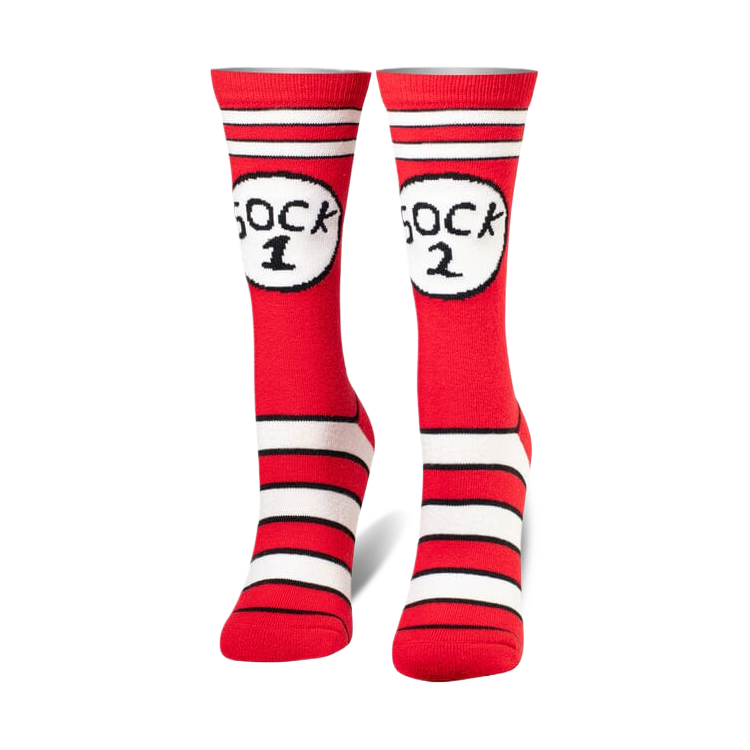 Red and white striped crew socks, one with 'SOCK 1' and the other with 'SOCK 2' in white circles.