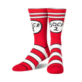 Pair of red and white crew socks with 'Sock 1' and 'Sock 2' in Cat in the Hat-inspired graphics.  Features bold stripes near the ankle.