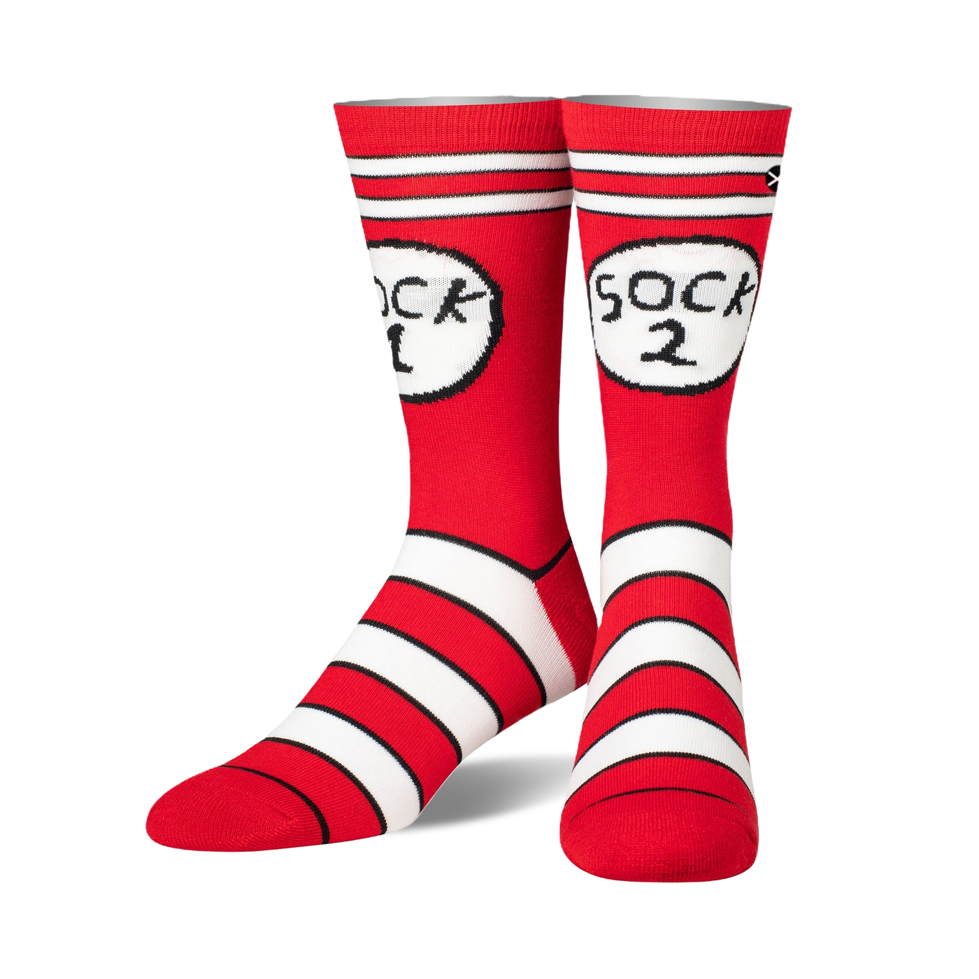 Pair of red and white crew socks with 'Sock 1' and 'Sock 2' in Cat in the Hat-inspired graphics.  Features bold stripes near the ankle.