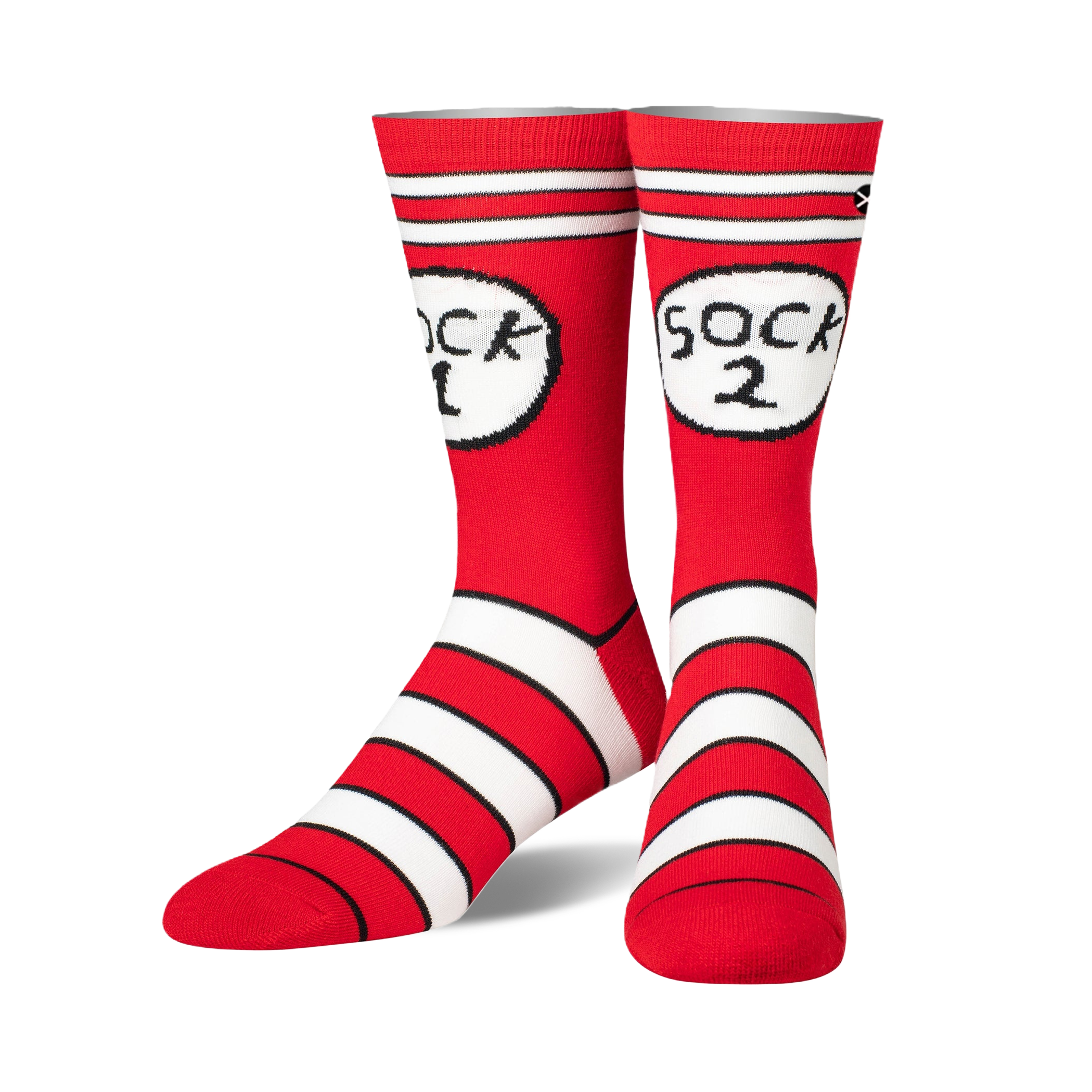 Pair of red and white crew socks with 'Sock 1' and 'Sock 2' in Cat in the Hat-inspired graphics.  Features bold stripes near the ankle.