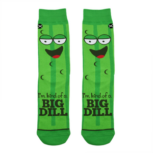 Lifestyle shot showing the 'Kind Of A Big Dill' socks on a model's feet.
