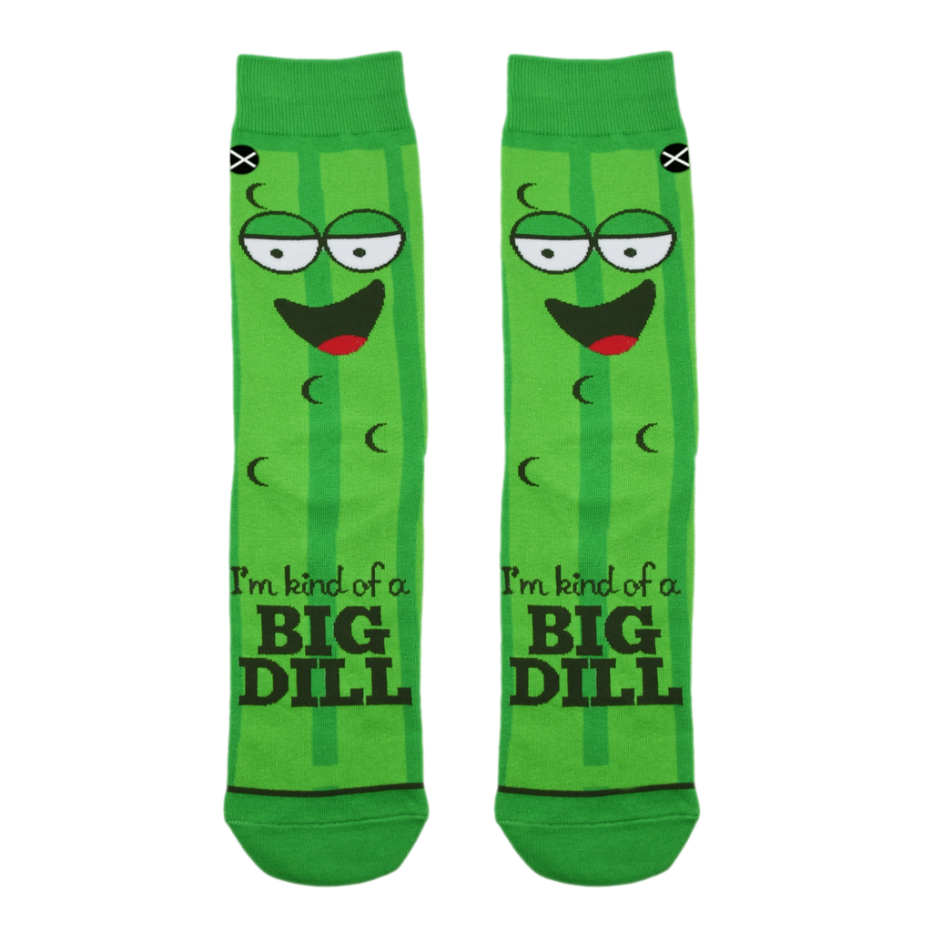 Lifestyle shot showing the 'Kind Of A Big Dill' socks on a model's feet.