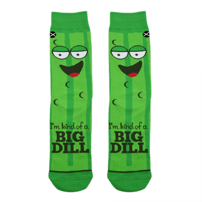 Lifestyle shot showing the 'Kind Of A Big Dill' socks on a model's feet.
