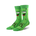 A pair of crew socks showcasing a green pickle design. The pickles have cartoon faces and the text 'I'm kind of a big dill'.