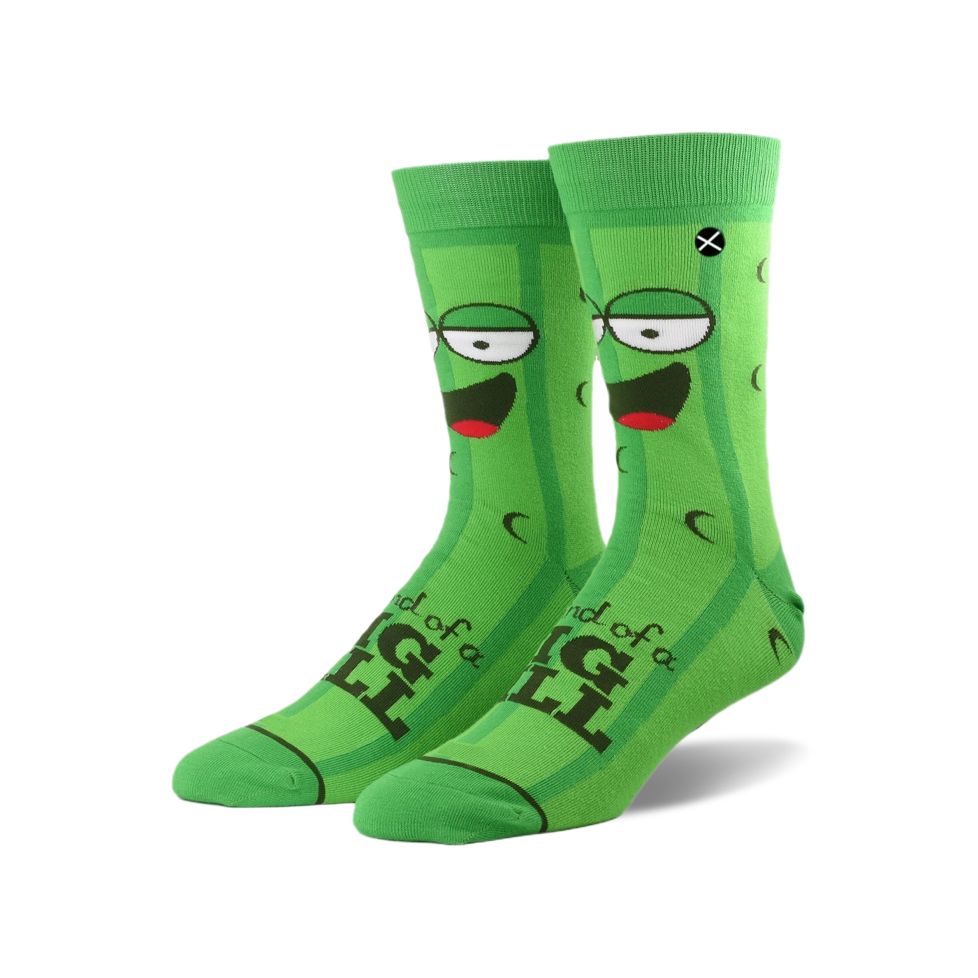 A pair of crew socks showcasing a green pickle design. The pickles have cartoon faces and the text 'I'm kind of a big dill'.