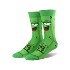 A pair of crew socks showcasing a green pickle design. The pickles have cartoon faces and the text 'I'm kind of a big dill'.