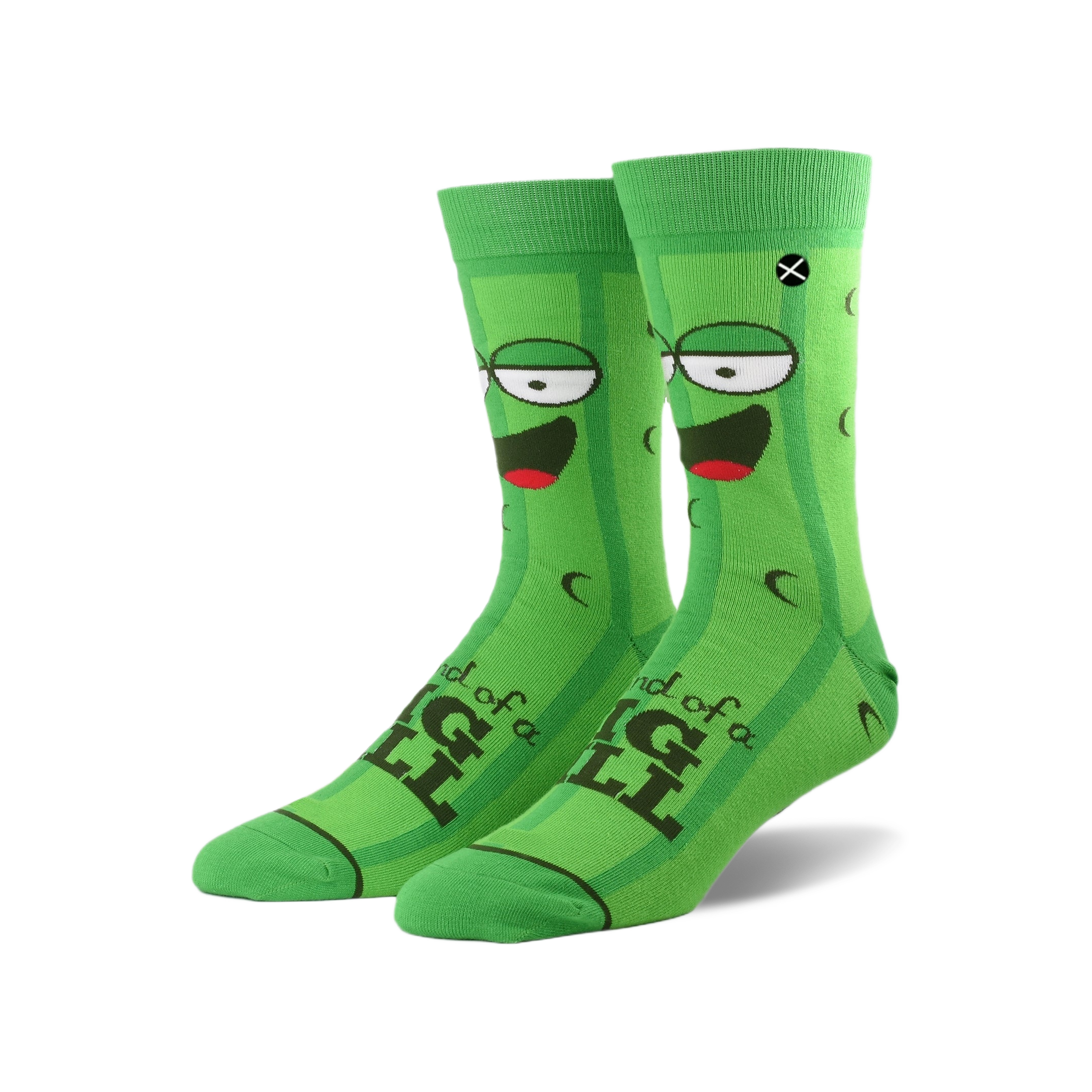 A pair of crew socks showcasing a green pickle design. The pickles have cartoon faces and the text 'I'm kind of a big dill'.