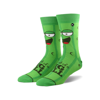 A pair of bright green crew socks featuring a cartoon pickle face with a red mouth and "I'm kind of a BIG DILL" text.