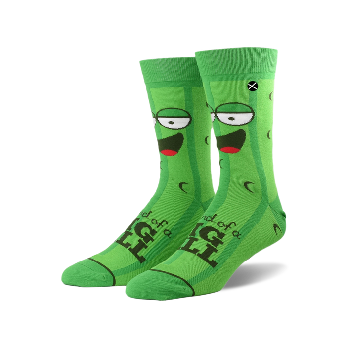 A pair of crew socks showcasing a green pickle design. The pickles have cartoon faces and the text 'I'm kind of a big dill'.