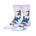 Pair of white crew socks with an all-over print of E.T. in a blue robe and other scenes from the movie. 